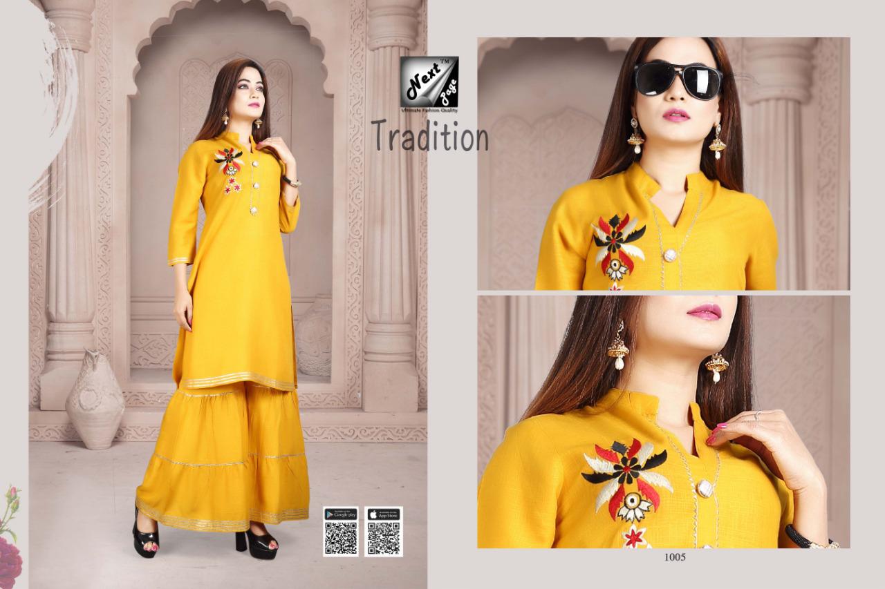 Tradition By Next Page 1001 To 1010 Series Beautiful Colorful Stylish Fancy Casual Wear & Ethnic Wear Heavy Rayon Printed Kurtis With Bottom At Wholesale Price