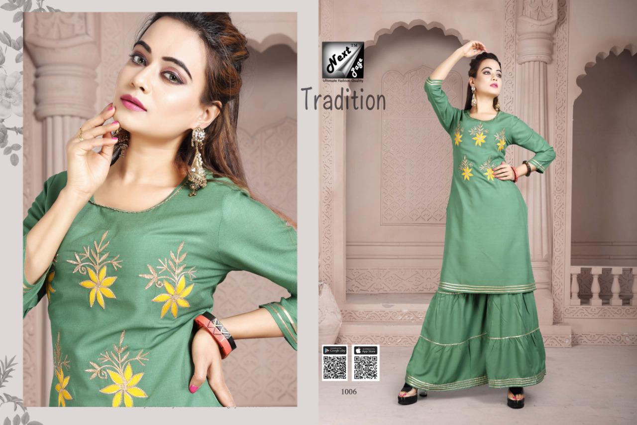 Tradition By Next Page 1001 To 1010 Series Beautiful Colorful Stylish Fancy Casual Wear & Ethnic Wear Heavy Rayon Printed Kurtis With Bottom At Wholesale Price