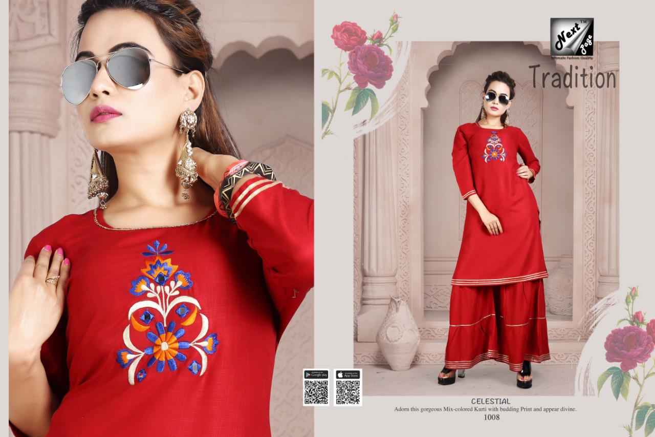 Tradition By Next Page 1001 To 1010 Series Beautiful Colorful Stylish Fancy Casual Wear & Ethnic Wear Heavy Rayon Printed Kurtis With Bottom At Wholesale Price