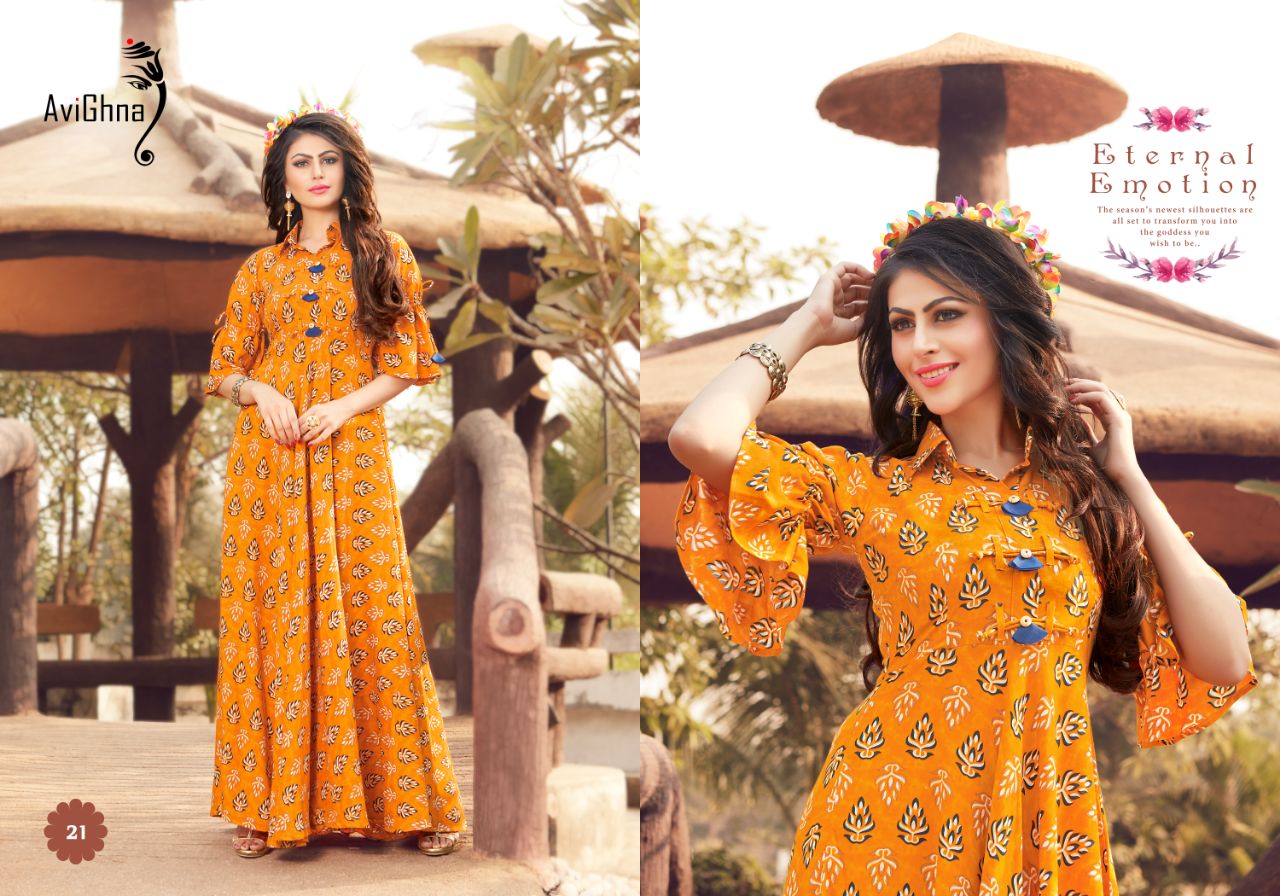 Trend By Avighna Creation 21 To 30 Series Beautiful Colorful Stylish Fancy Casual Wear & Ethnic Wear & Ready To Wear Heavy Rayon Printed Kurtis At Wholesale Price