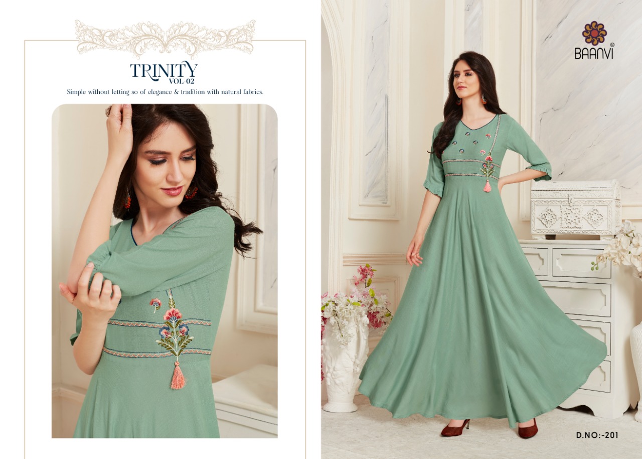 Trinity Vol-2 By Baanvi 201 To 206 Series Beautiful Stylish Fancy Colorful Casual Wear & Ethnic Wear & Ready To Wear Rayon Slub With Embroidery Kurtis At Wholesale Price
