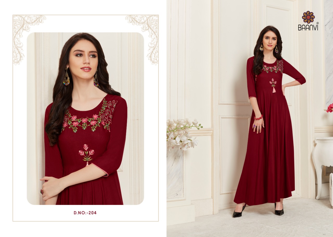 Trinity Vol-2 By Baanvi 201 To 206 Series Beautiful Stylish Fancy Colorful Casual Wear & Ethnic Wear & Ready To Wear Rayon Slub With Embroidery Kurtis At Wholesale Price