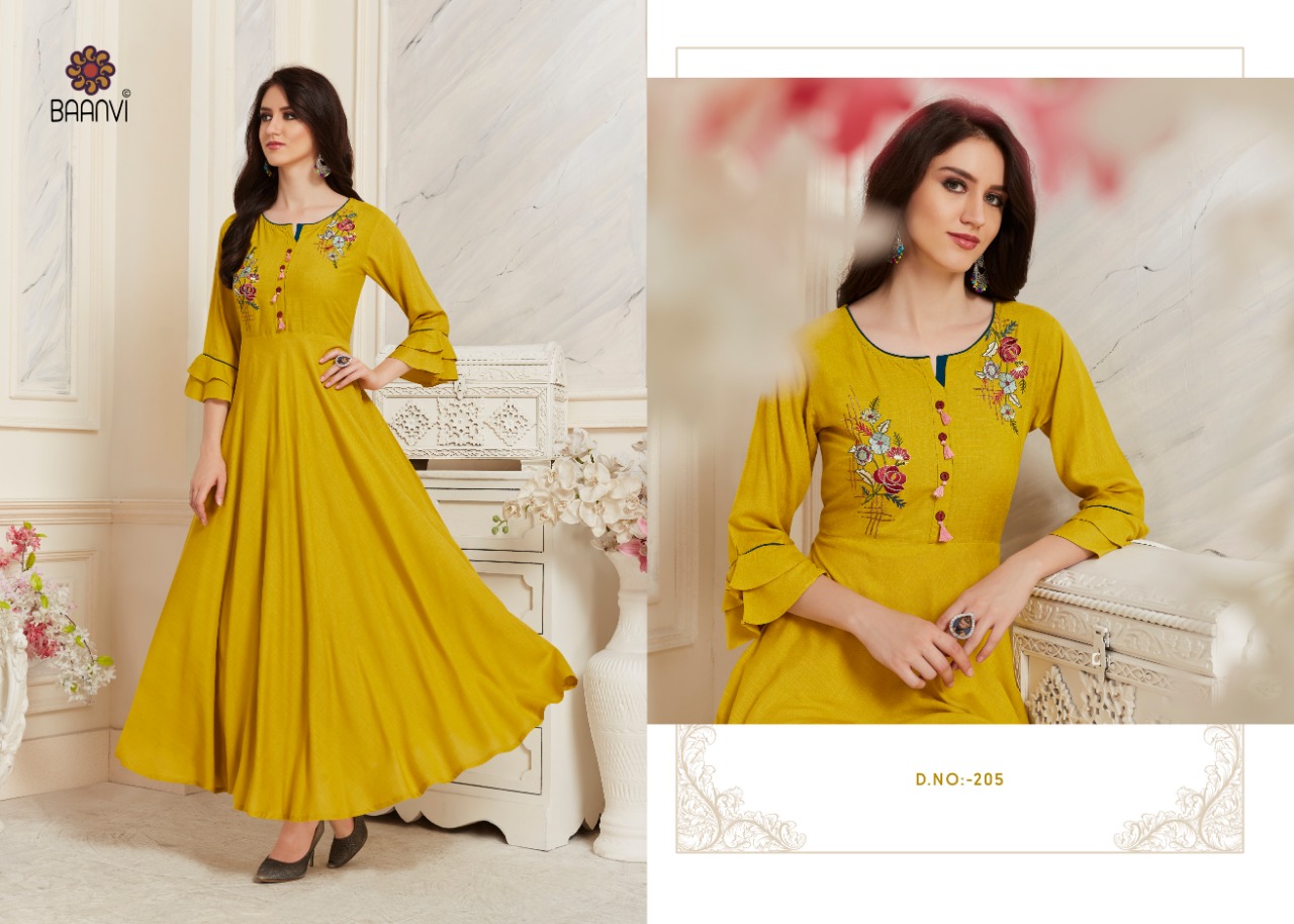 Trinity Vol-2 By Baanvi 201 To 206 Series Beautiful Stylish Fancy Colorful Casual Wear & Ethnic Wear & Ready To Wear Rayon Slub With Embroidery Kurtis At Wholesale Price