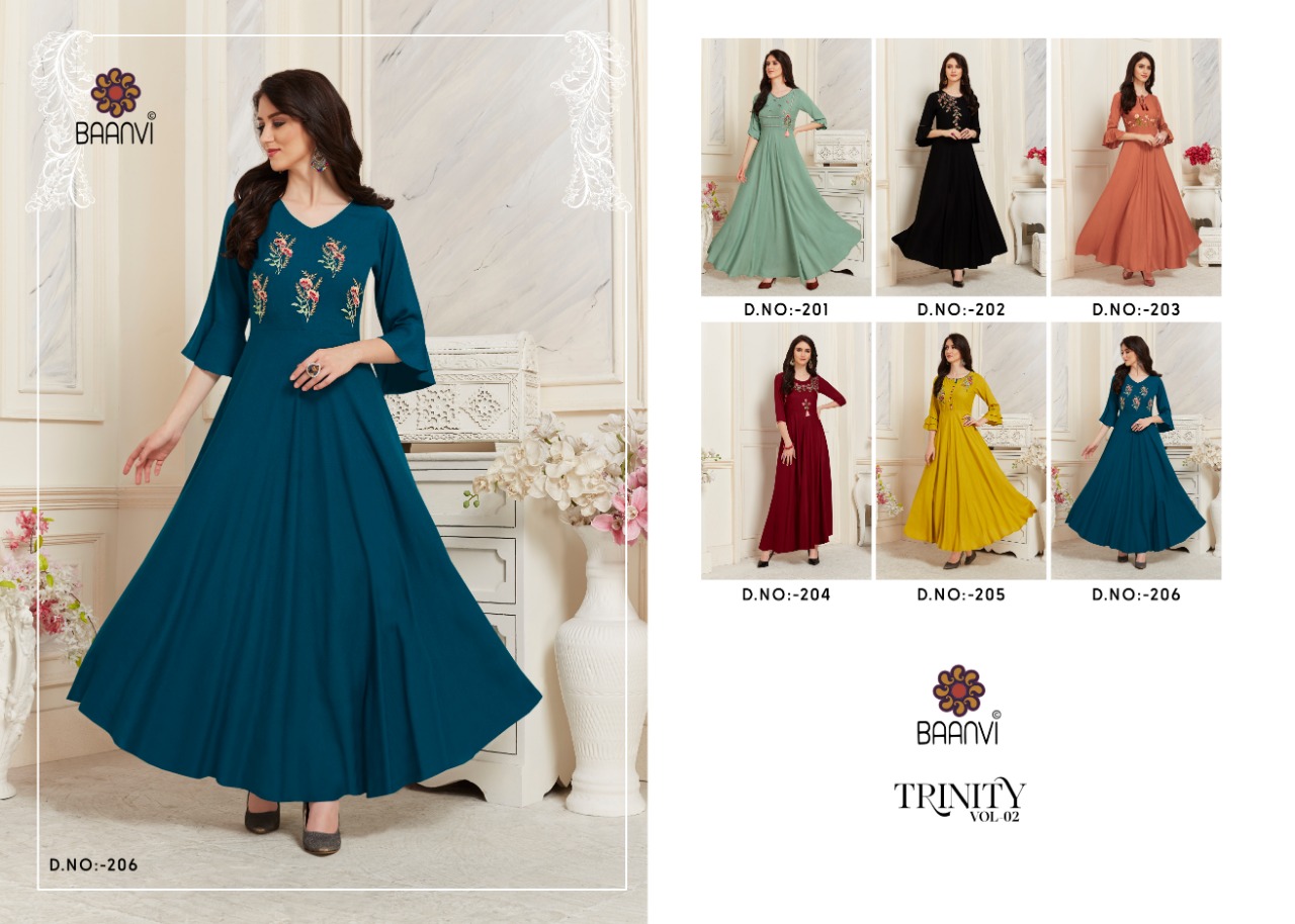 Trinity Vol-2 By Baanvi 201 To 206 Series Beautiful Stylish Fancy Colorful Casual Wear & Ethnic Wear & Ready To Wear Rayon Slub With Embroidery Kurtis At Wholesale Price