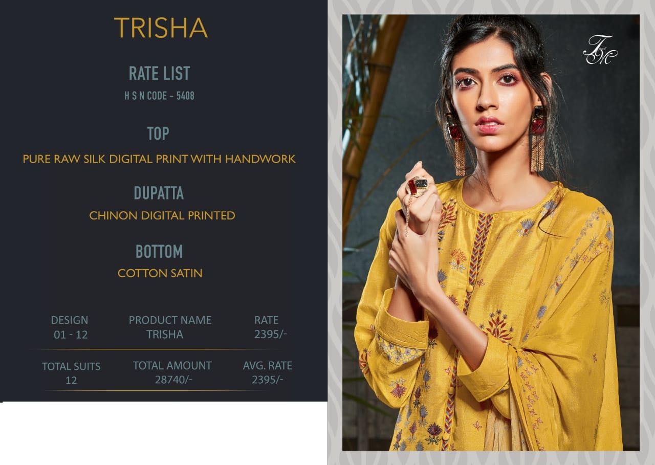 Trisha By T&m Designer 01 To 12 Series Designer Pakistani Suits Beautiful Stylish Fancy Colorful Casual Wear & Ethnic Wear Pure Ram Silk Dresses At Wholesale Price