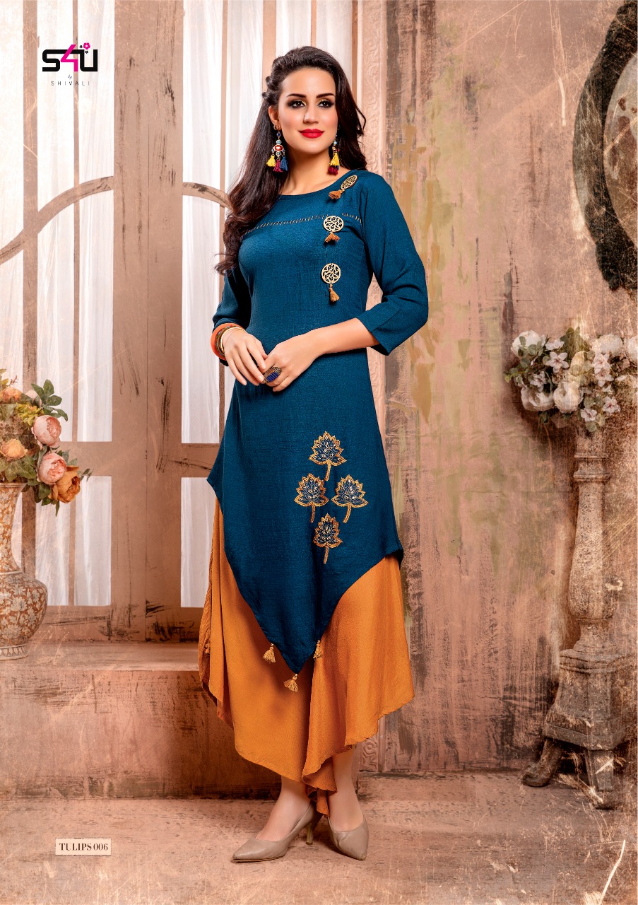 Tulips By S4u Fashion 001 To 006 Series Beautiful Stylish Colorful Fancy Party Wear & Ethnic Wear & Ready To Wear Heavy Rayon Printed Kurtis At Wholesale Price