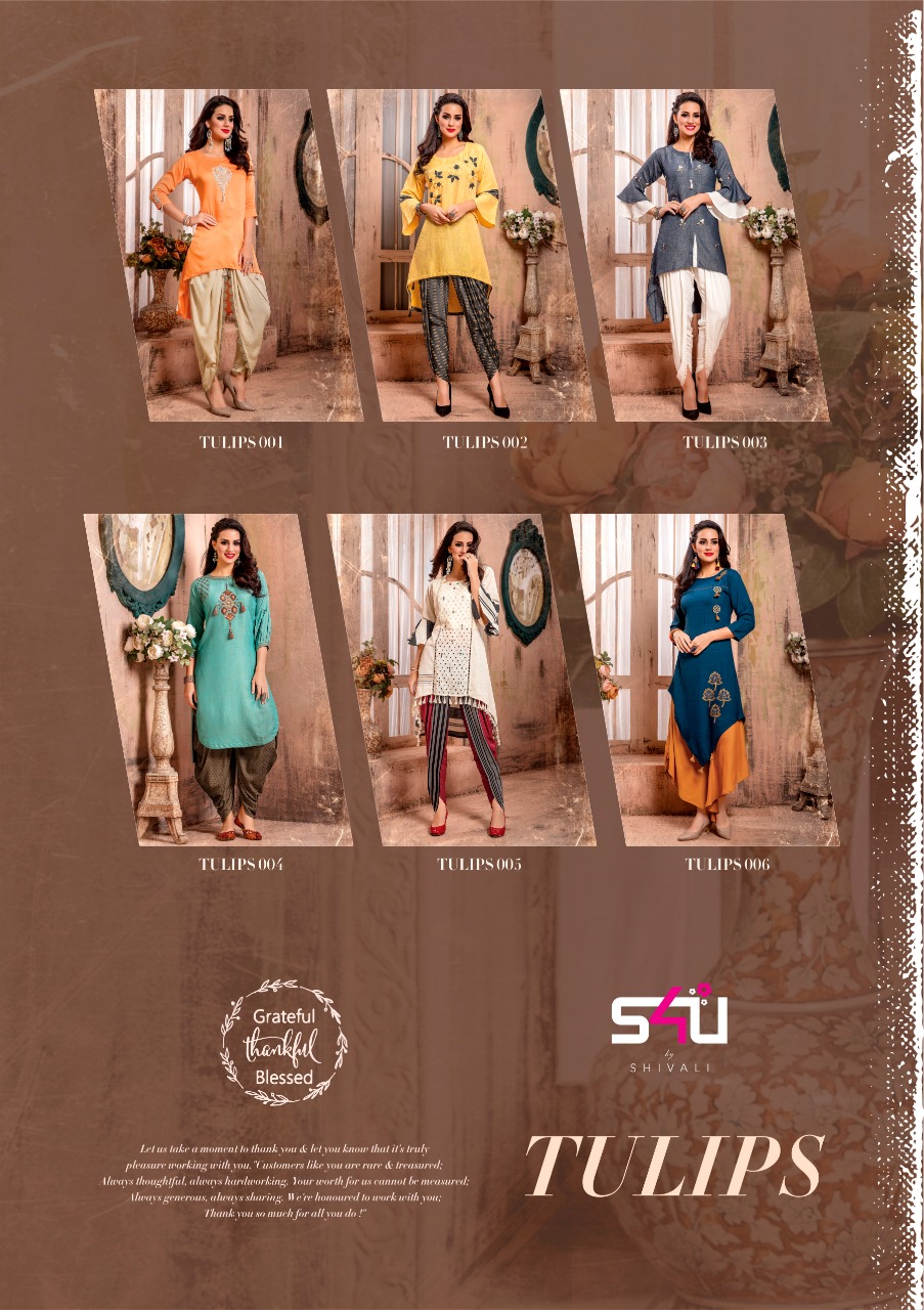 Tulips By S4u Fashion 001 To 006 Series Beautiful Stylish Colorful Fancy Party Wear & Ethnic Wear & Ready To Wear Heavy Rayon Printed Kurtis At Wholesale Price