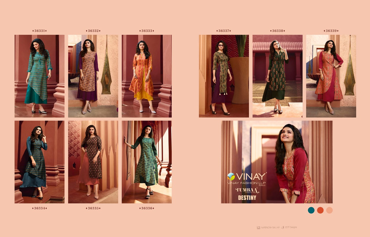 Tumbaa Destiny By Vinay Fashion 36331 To 36339 Series Beautiful Colorful Stylish Fancy Casual Wear & Ethnic Wear & Ready To Wear Dola Silk With Polo Silk Inner  Kurtis At Wholesale Price
