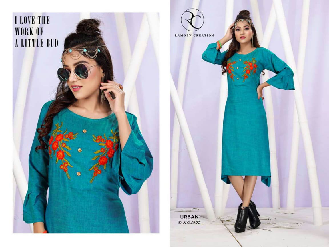 Urban By Rc 1001 To 1008 Series Beautiful Colorful Stylish Fancy Casual Wear & Ethnic Wear & Ready To Wear Rayon With Heavy Embroidery Kurtis At Wholesale Price