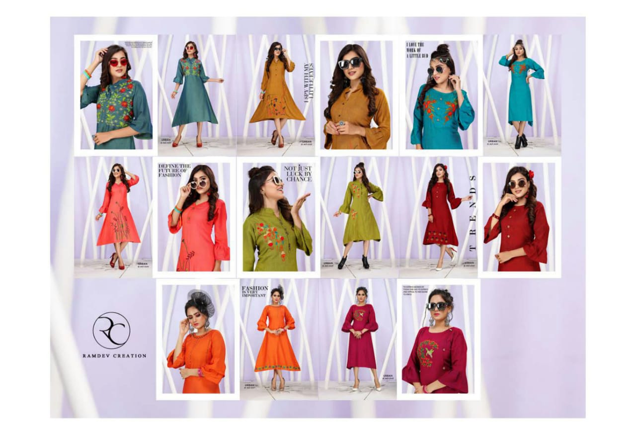 Urban By Rc 1001 To 1008 Series Beautiful Colorful Stylish Fancy Casual Wear & Ethnic Wear & Ready To Wear Rayon With Heavy Embroidery Kurtis At Wholesale Price