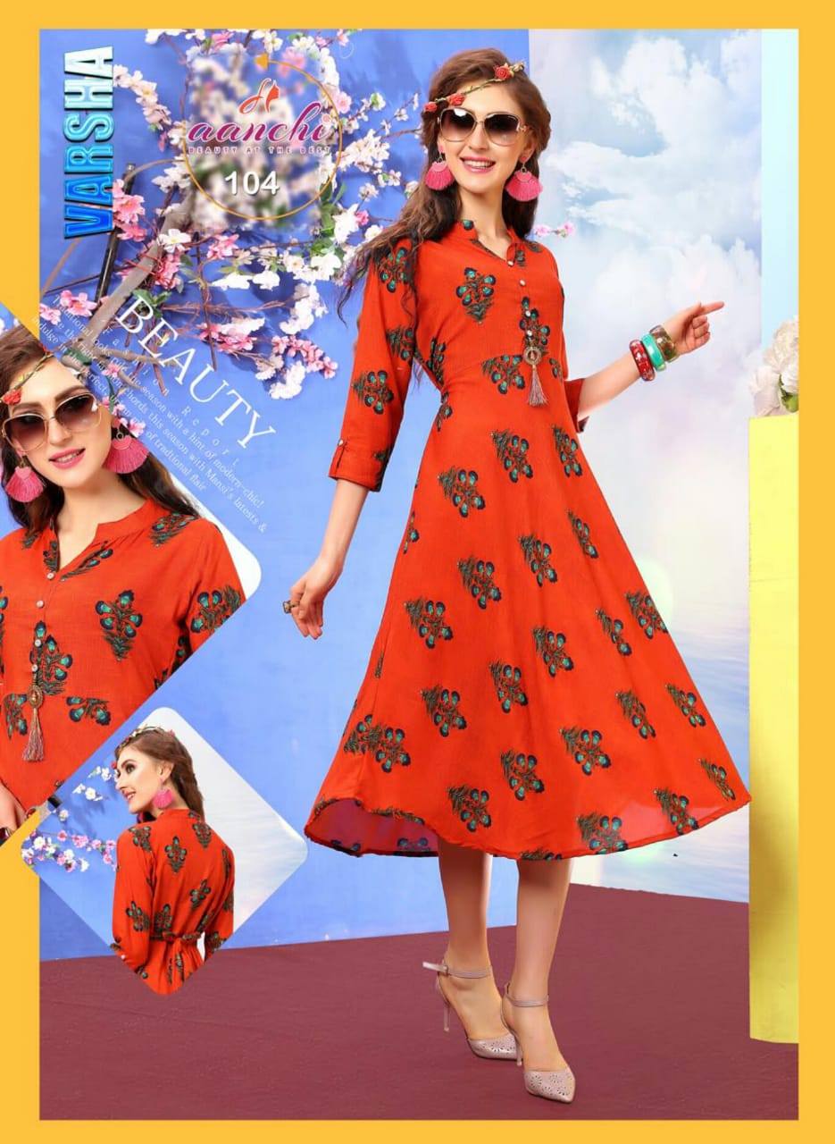 Varsha By Aanchi 101 To 108 Series Stylish Fancy Beautiful Colorful Casual Wear & Ethnic Wear Heavy Rayon Printed Kurtis At Wholesale Price