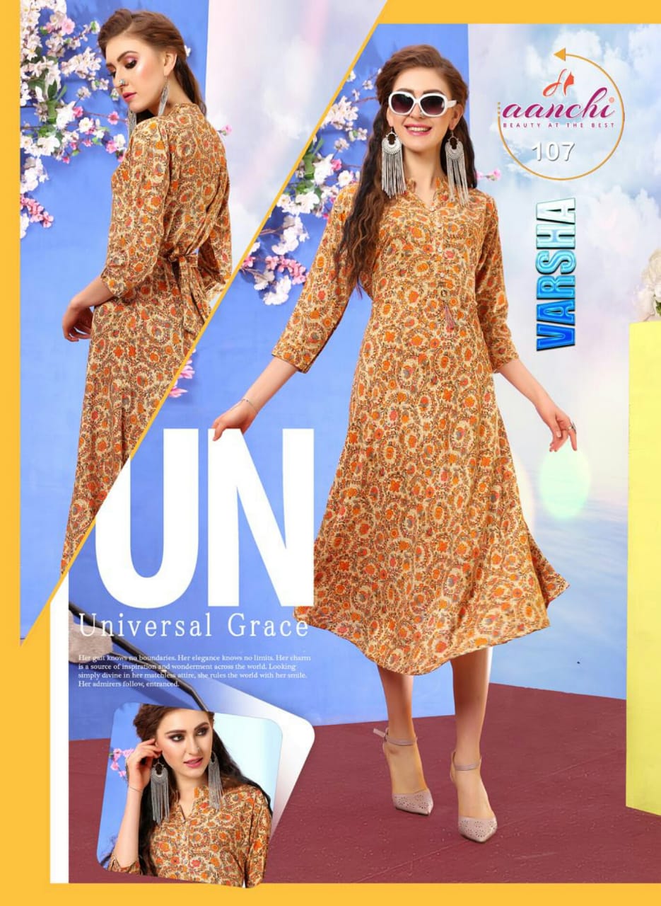 Varsha By Aanchi 101 To 108 Series Stylish Fancy Beautiful Colorful Casual Wear & Ethnic Wear Heavy Rayon Printed Kurtis At Wholesale Price