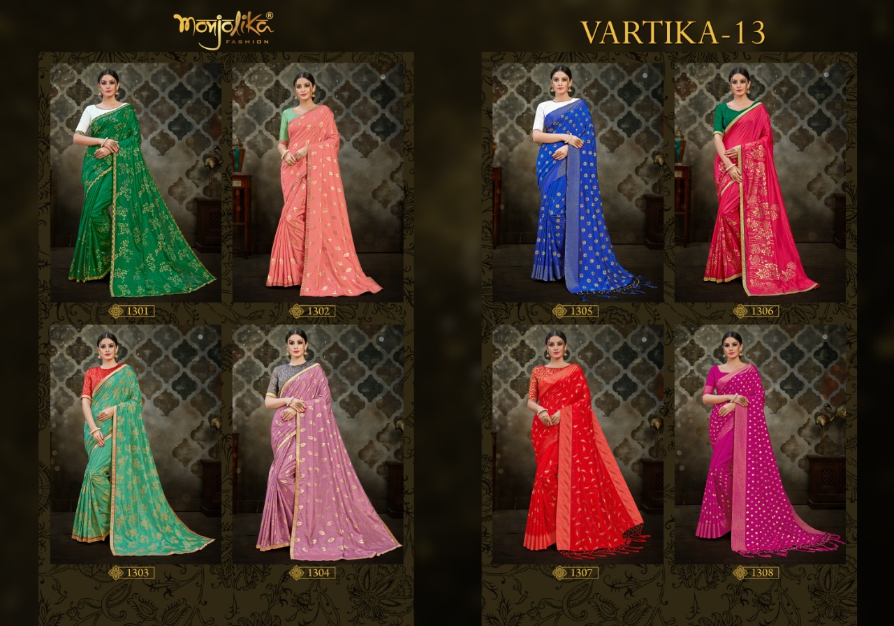 Vartika Vol-13 By Monjolika 1301 To 1308 Series Indian Traditional Wear Collection Beautiful Stylish Fancy Colorful Party Wear & Ethnic Wear Two Tone Silk Printed Sarees At Wholesale Price