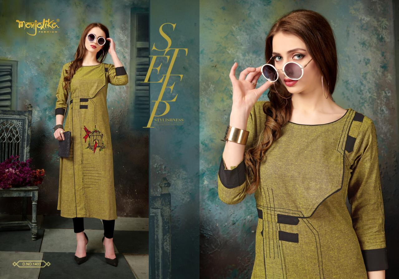 Vartika Vol-14 By Monjolika 1401 To 1407 Series Beautiful Colorful Stylish Fancy Party Wear & Ethnic Wear & Ready To Wear Khadi Cotton Kurtis At Wholesale Price