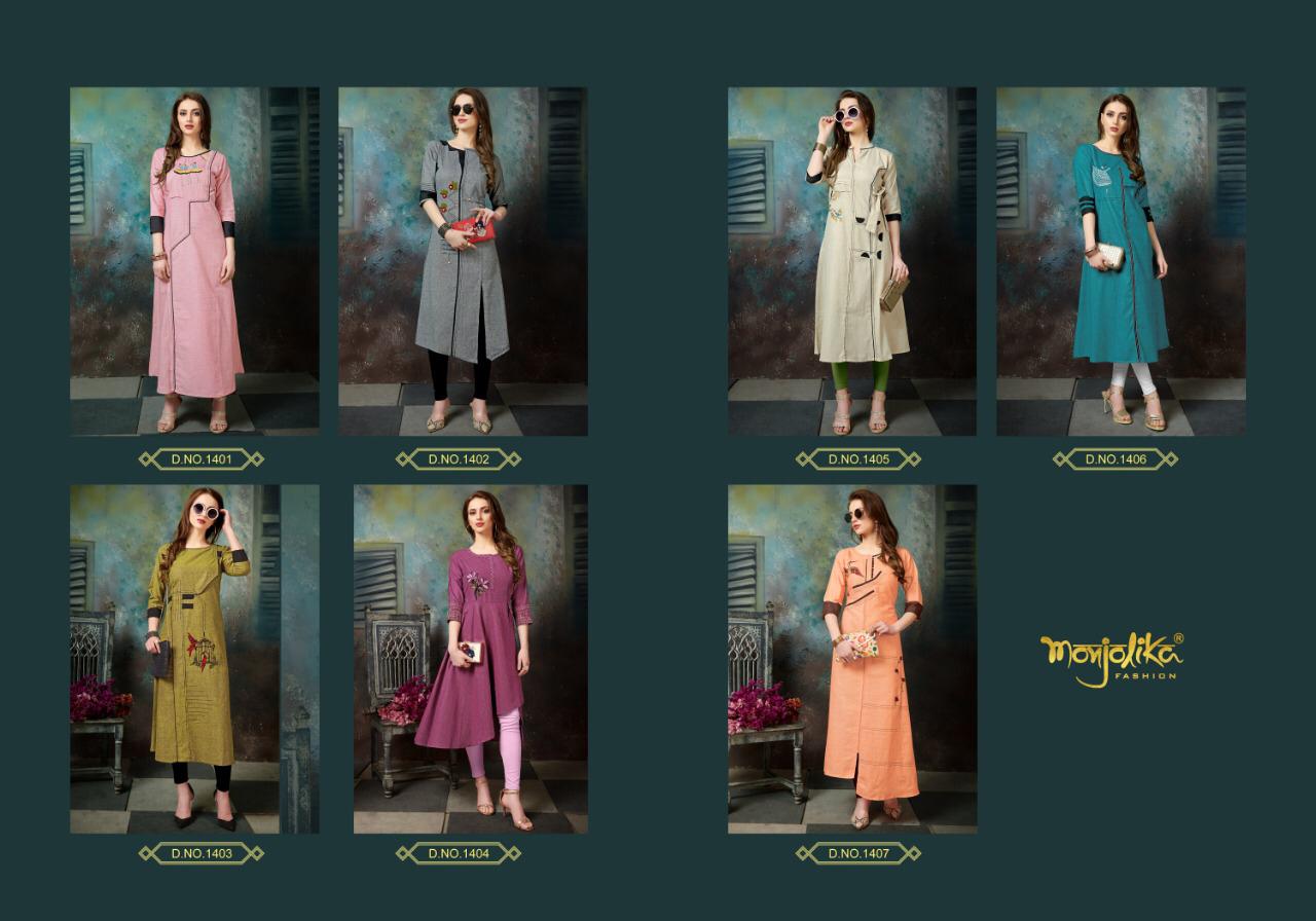 Vartika Vol-14 By Monjolika 1401 To 1407 Series Beautiful Colorful Stylish Fancy Party Wear & Ethnic Wear & Ready To Wear Khadi Cotton Kurtis At Wholesale Price