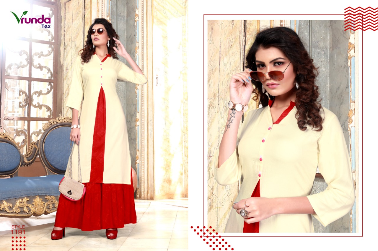 Vedika By Vrunda Tex 1191 To 1195 Series Beautiful Colorful Stylish Fancy Casual Wear & Ethnic Wear & Ready To Wear Heavy Rayon Printed Kurtis At Wholesale Price