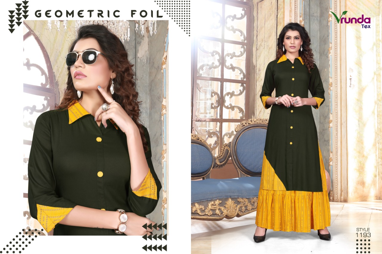 Vedika By Vrunda Tex 1191 To 1195 Series Beautiful Colorful Stylish Fancy Casual Wear & Ethnic Wear & Ready To Wear Heavy Rayon Printed Kurtis At Wholesale Price