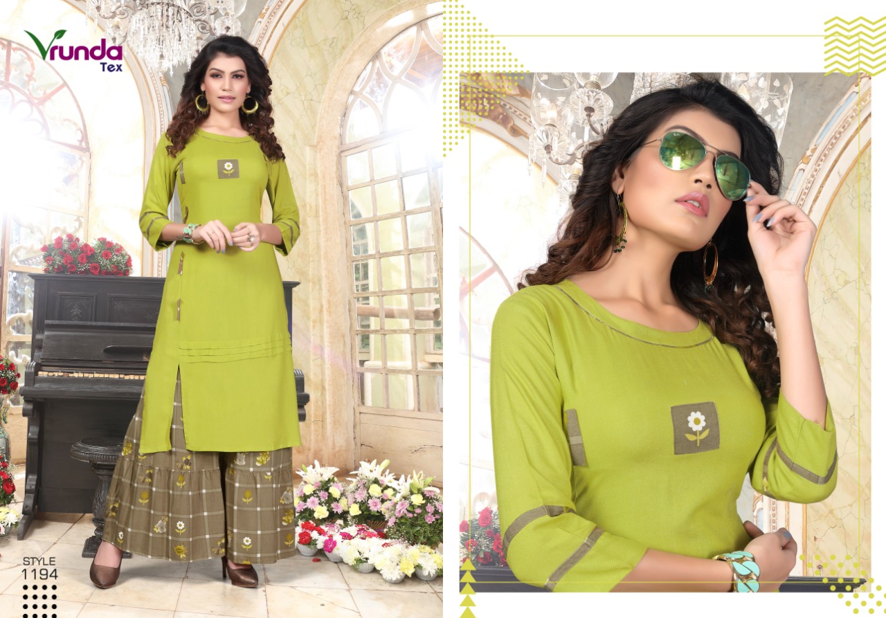 Vedika By Vrunda Tex 1191 To 1195 Series Beautiful Colorful Stylish Fancy Casual Wear & Ethnic Wear & Ready To Wear Heavy Rayon Printed Kurtis At Wholesale Price