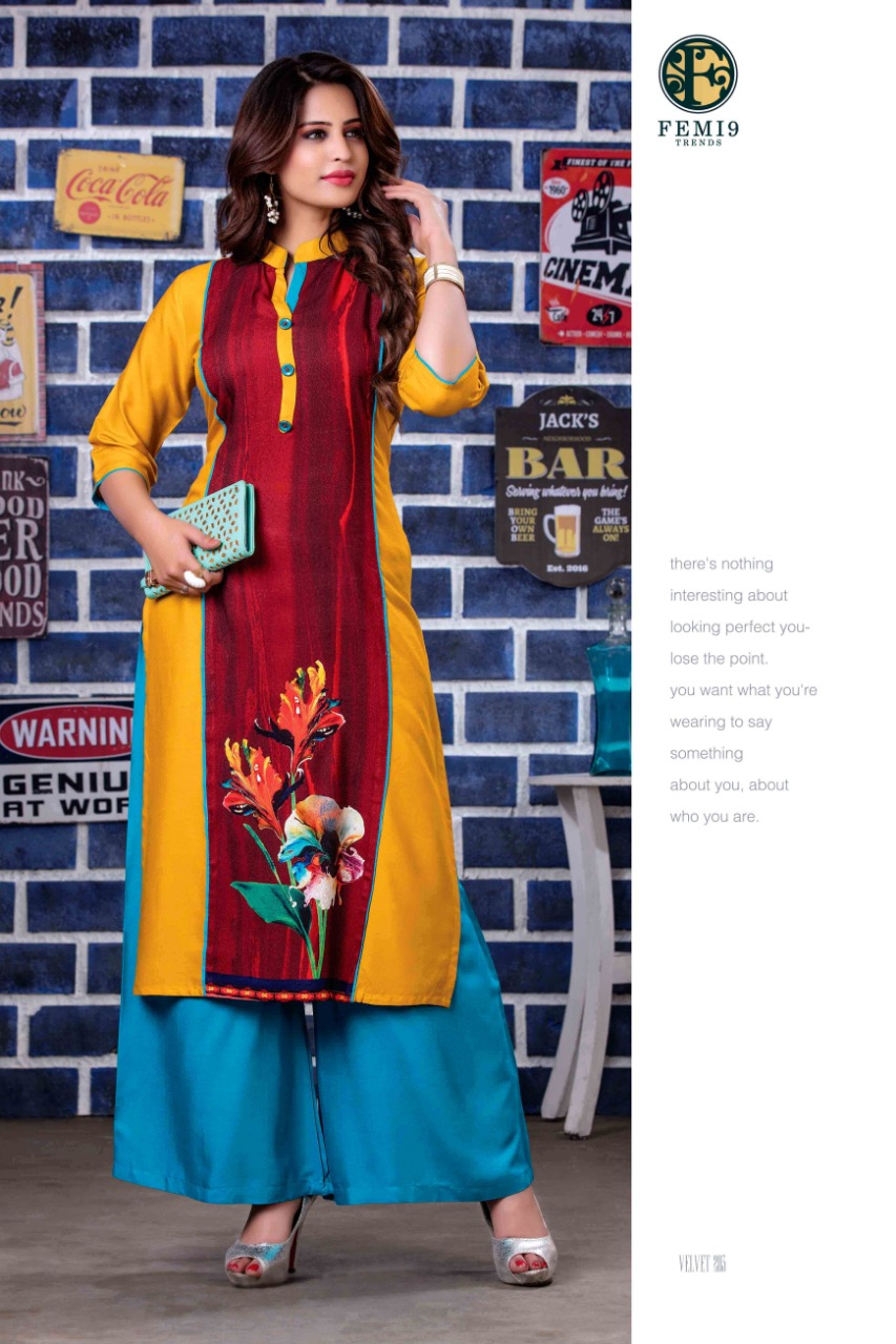 Velvet Vol-2 By Femi9 Trends 201 To 212 Series Beautiful Colorful Stylish Fancy Casual Wear & Ethnic Wear & Ready To Wear Heavy Rayon Printed & Embroidered Kurtis With Palazzo At Wholesale Price