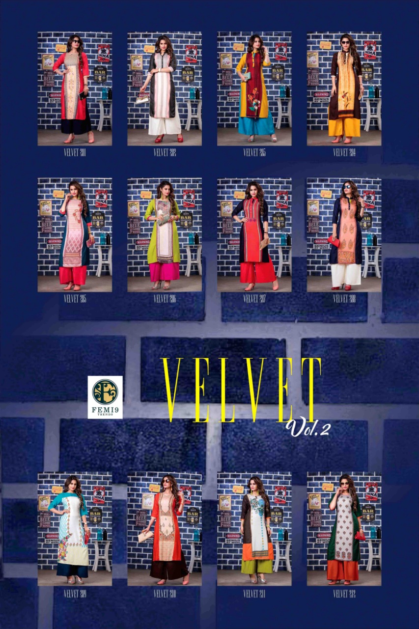 Velvet Vol-2 By Femi9 Trends 201 To 212 Series Beautiful Colorful Stylish Fancy Casual Wear & Ethnic Wear & Ready To Wear Heavy Rayon Printed & Embroidered Kurtis With Palazzo At Wholesale Price