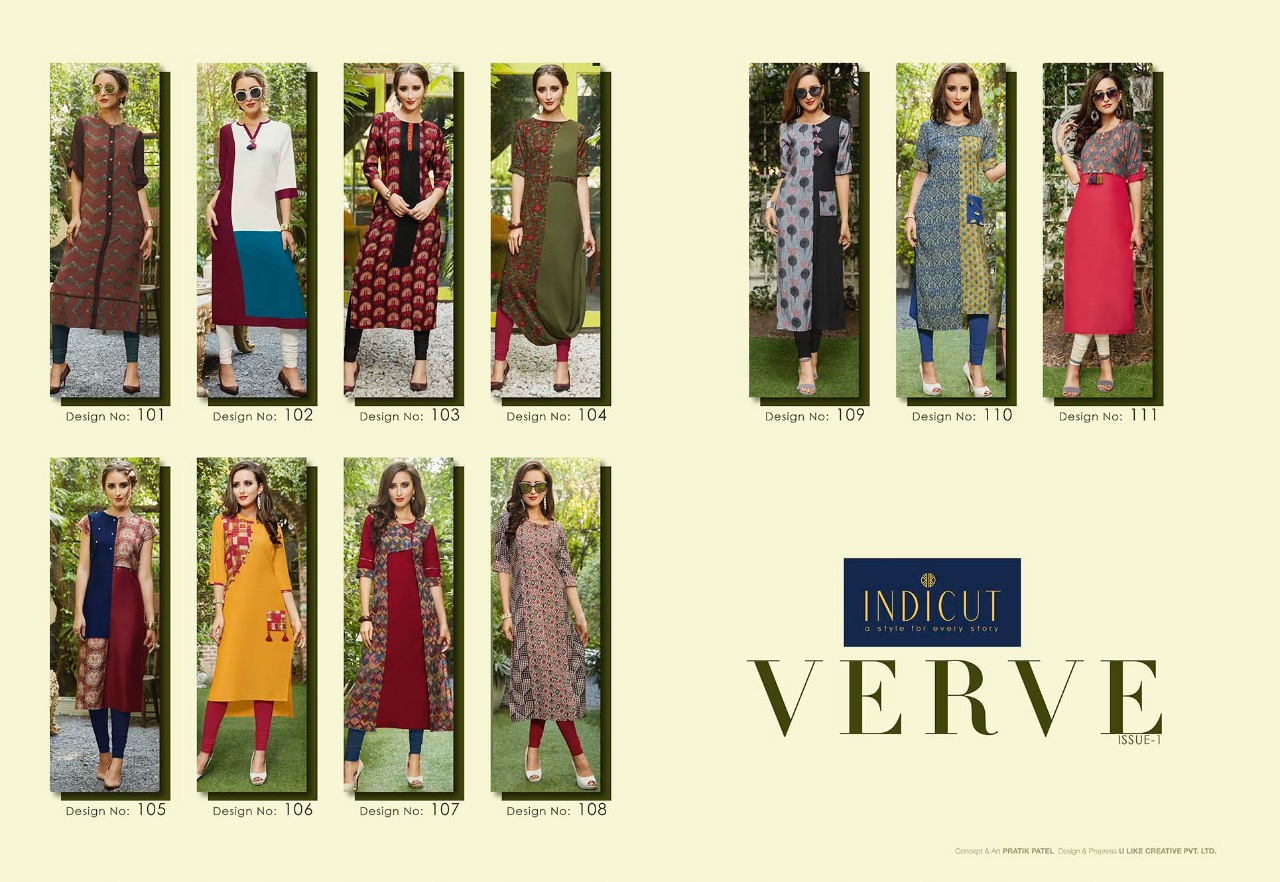 Verve By Indicut 101 To 111 Series Beautiful Stylish Fancy Colorful Casual Wear & Ethnic Wear & Ready To Wear Viscose Printed Kurtis At Wholesale Price