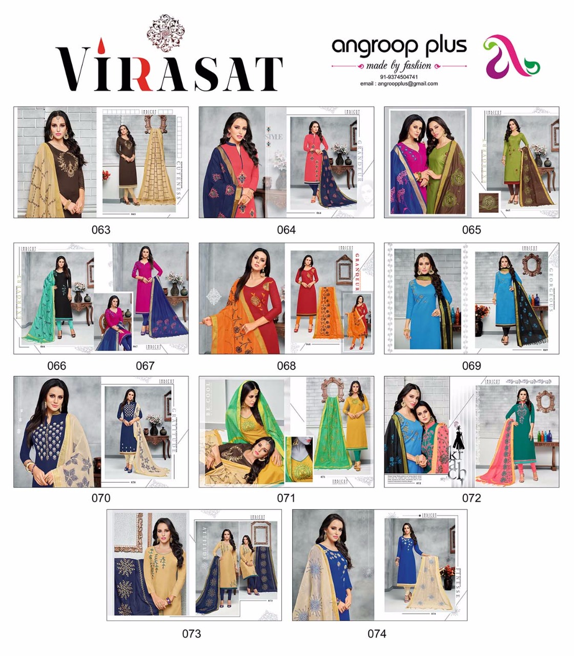 Virasat By Angroop Plus 063 To 074 Series Beautiful Suits Stylish Fancy Colorful Casual Wear & Ethnic Wear Collection Pure South Cotton Embroidered Dresses At Wholesale Price