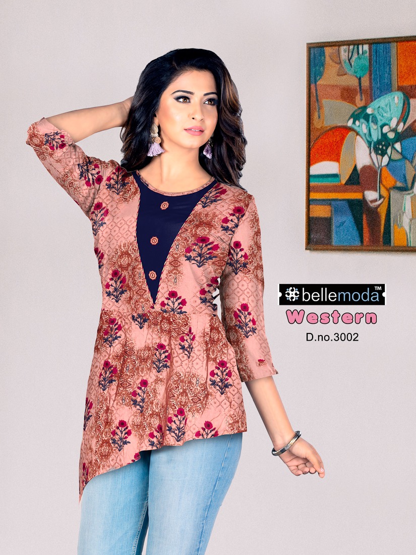 Western By Bellemoda 3001 To 3008 Series Beautiful Stylish Colorful Fancy Casual Wear & Ethnic Wear & Ready To Wear Heavy Rayon Tops At Wholesale Price