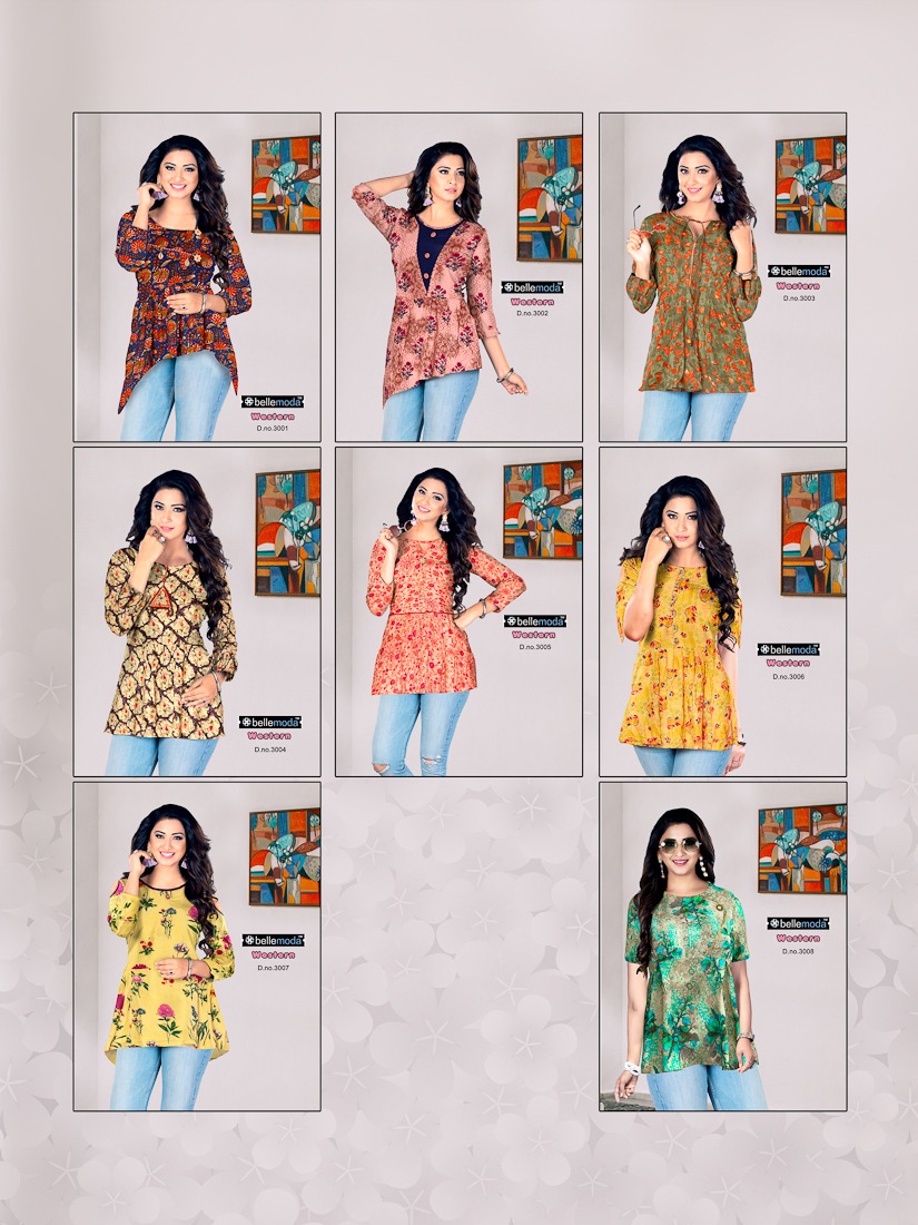 Western By Bellemoda 3001 To 3008 Series Beautiful Stylish Colorful Fancy Casual Wear & Ethnic Wear & Ready To Wear Heavy Rayon Tops At Wholesale Price