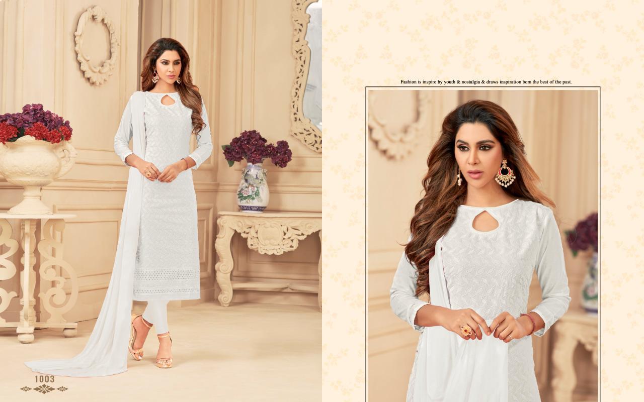 White By Amrut Varsha Creation 1001 To 1004 Series Beautiful Collection Suits Stylish Fancy Colorful Casual Wear & Ethnic Wear Cotton Chikkan Dresses At Wholesale Price