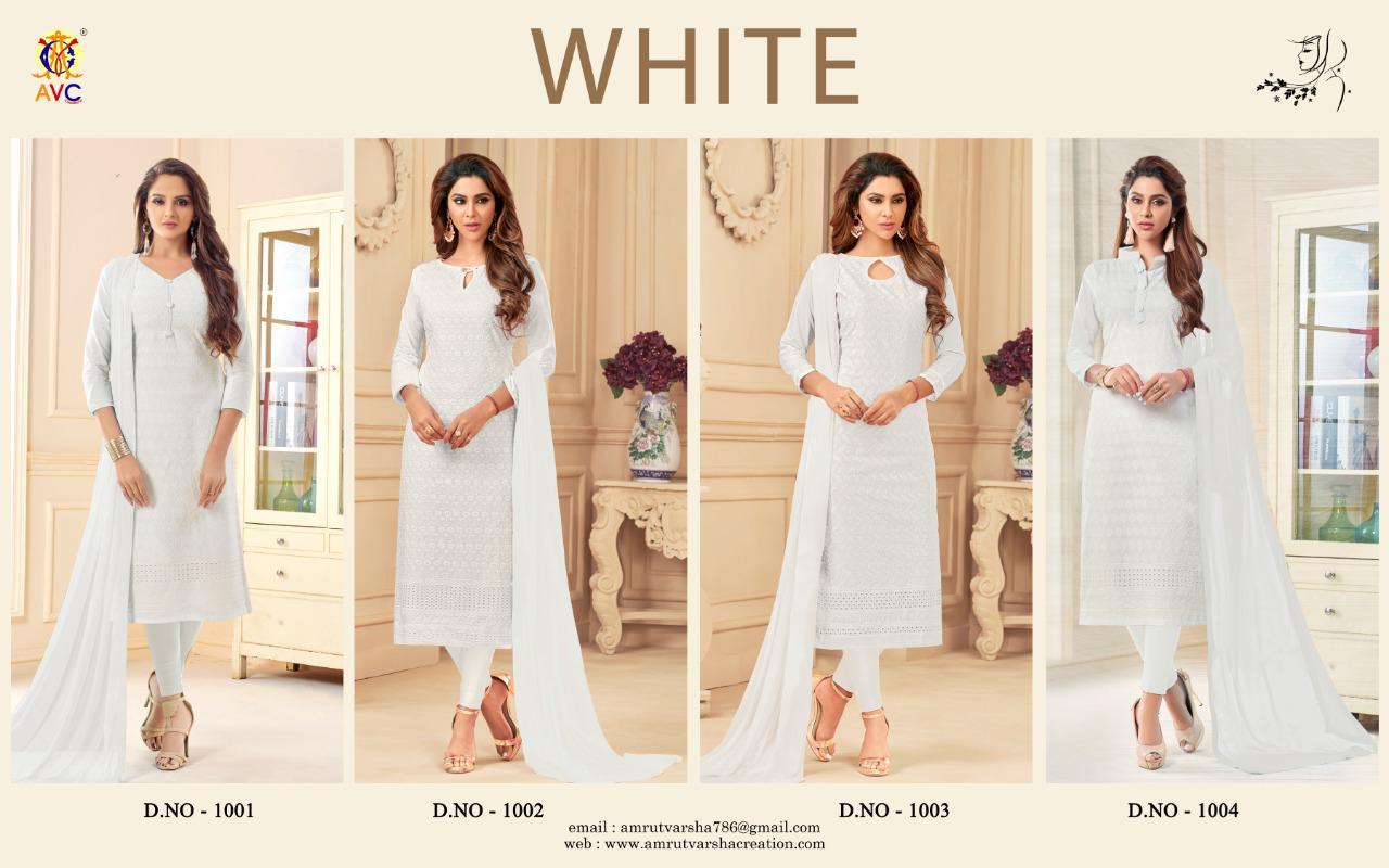 White By Amrut Varsha Creation 1001 To 1004 Series Beautiful Collection Suits Stylish Fancy Colorful Casual Wear & Ethnic Wear Cotton Chikkan Dresses At Wholesale Price