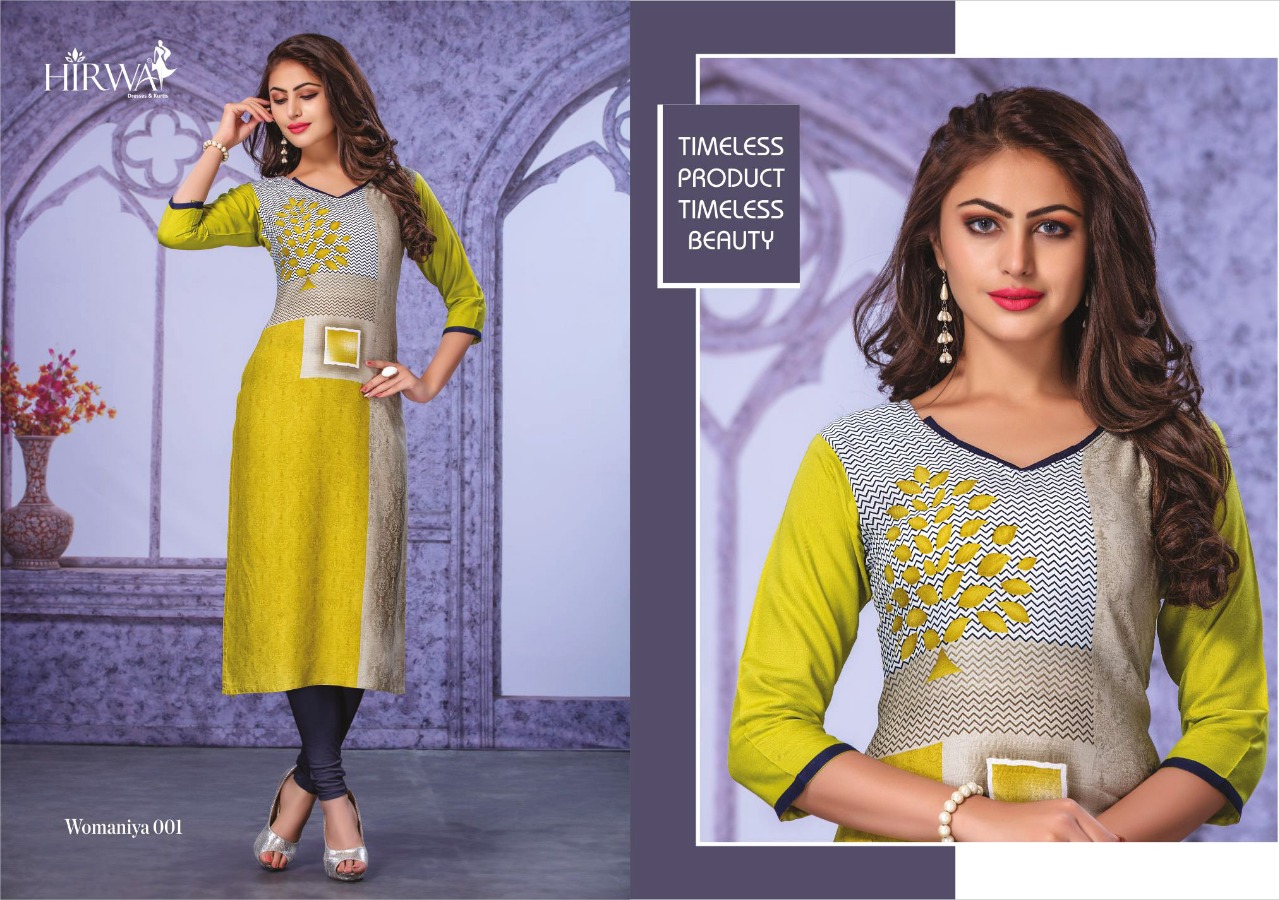 Womaniya By Hirwa 001 To 010 Series Beautiful Stylish Colorful Fancy Party Wear & Ethnic Wear & Ready To Wear Heavy Rayon Printed Kurtis With Inner At Wholesale Price