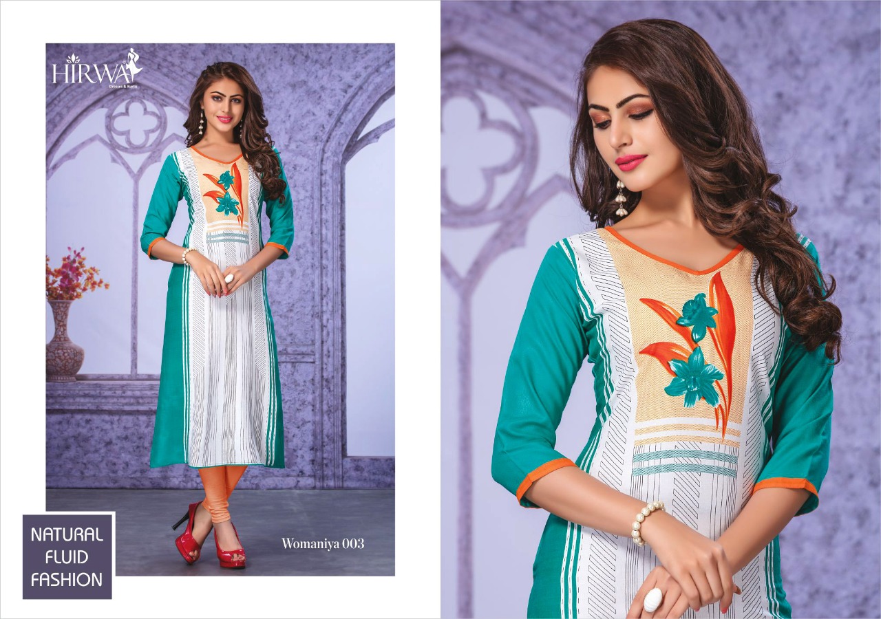 Womaniya By Hirwa 001 To 010 Series Beautiful Stylish Colorful Fancy Party Wear & Ethnic Wear & Ready To Wear Heavy Rayon Printed Kurtis With Inner At Wholesale Price