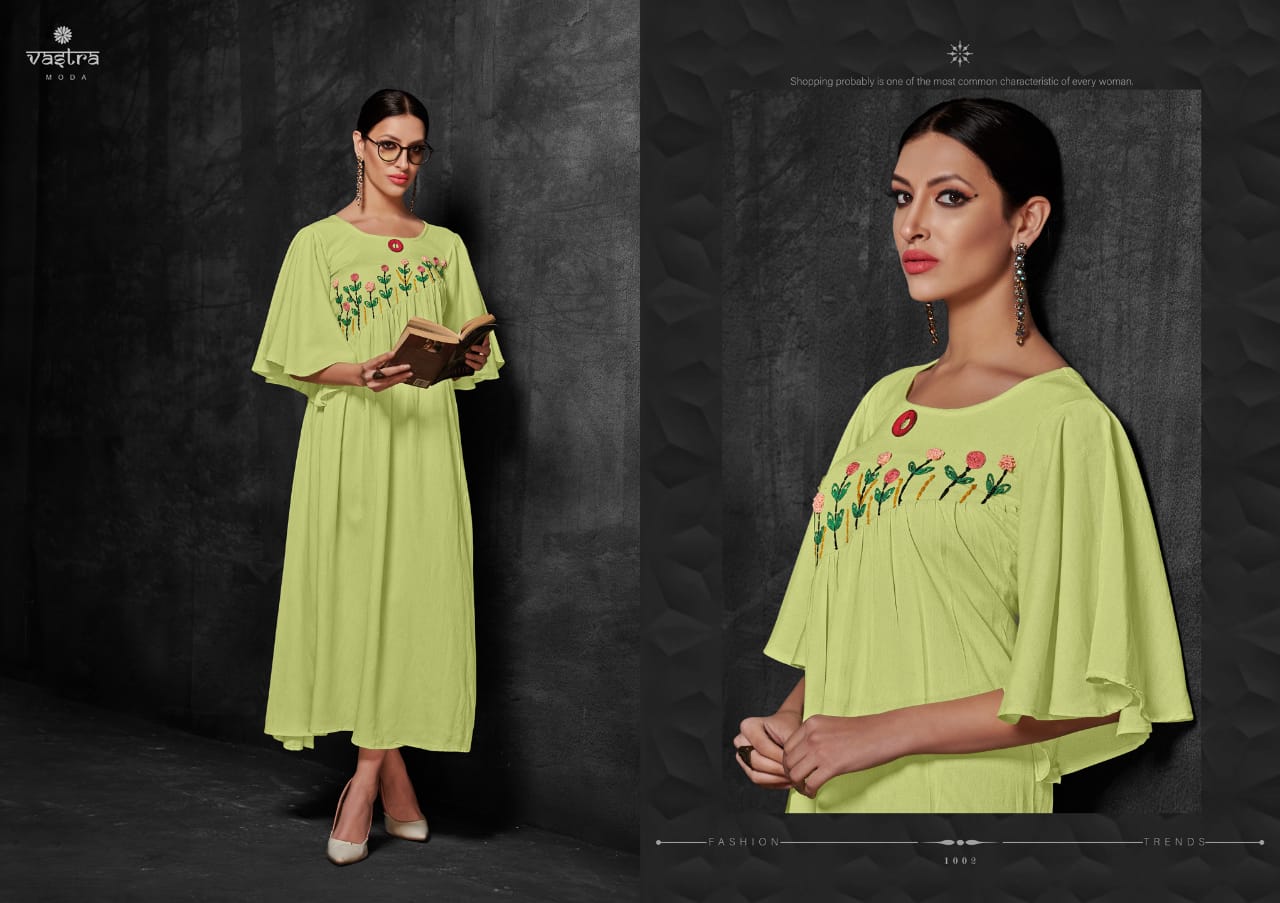 Zara Vol-1 By Vastra Moda 1001 To 1008 Series Beautiful Colorful Stylish Fancy Party Wear & Ethnic Wear & Ready To Wear Premium Rayon Flex Kurtis At Wholesale Price