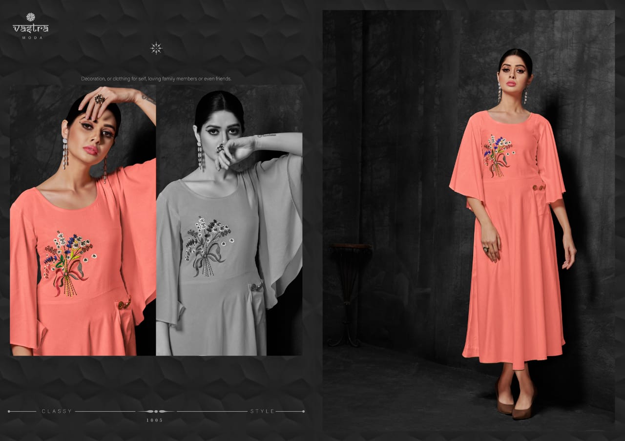 Zara Vol-1 By Vastra Moda 1001 To 1008 Series Beautiful Colorful Stylish Fancy Party Wear & Ethnic Wear & Ready To Wear Premium Rayon Flex Kurtis At Wholesale Price