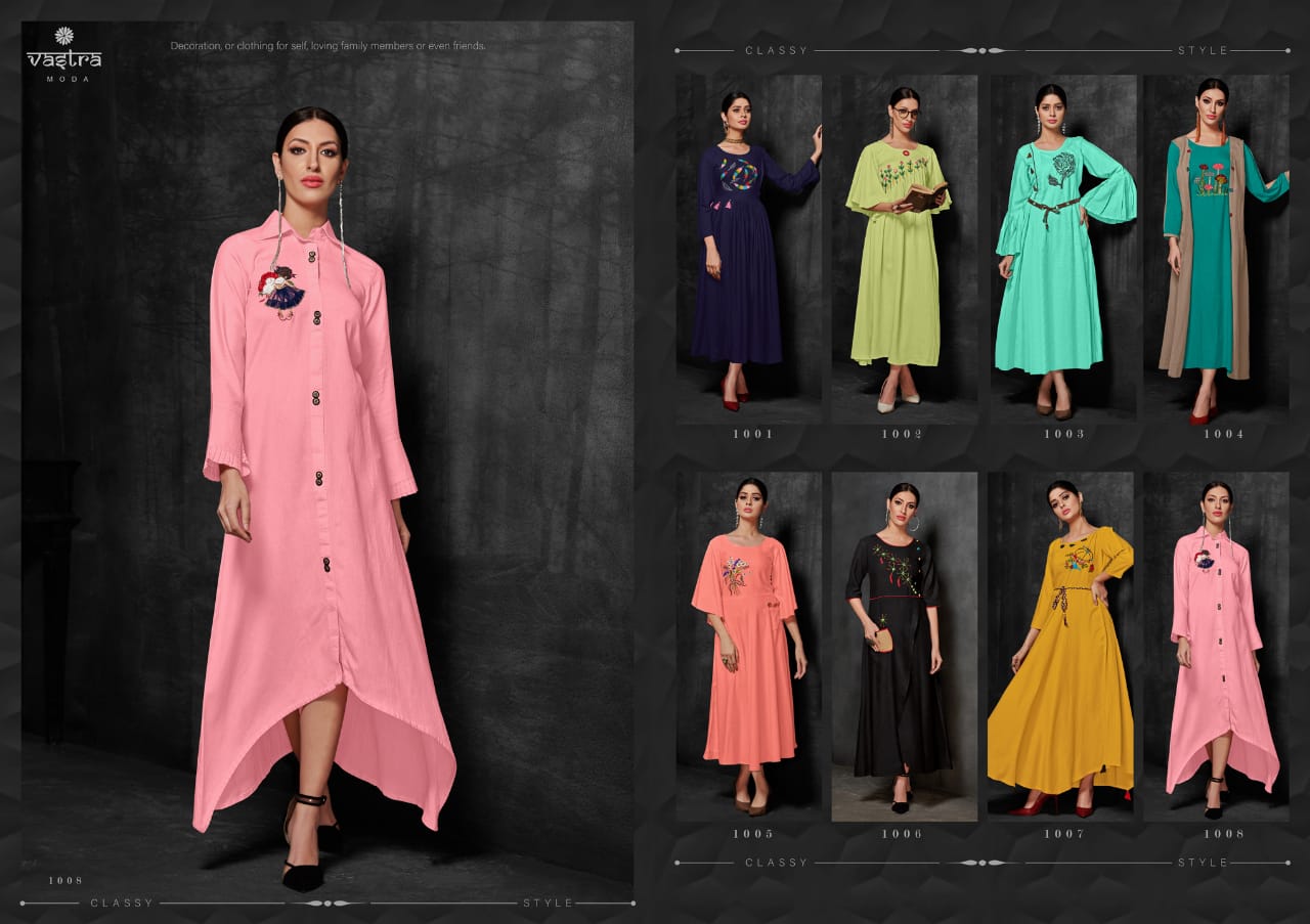 Zara Vol-1 By Vastra Moda 1001 To 1008 Series Beautiful Colorful Stylish Fancy Party Wear & Ethnic Wear & Ready To Wear Premium Rayon Flex Kurtis At Wholesale Price