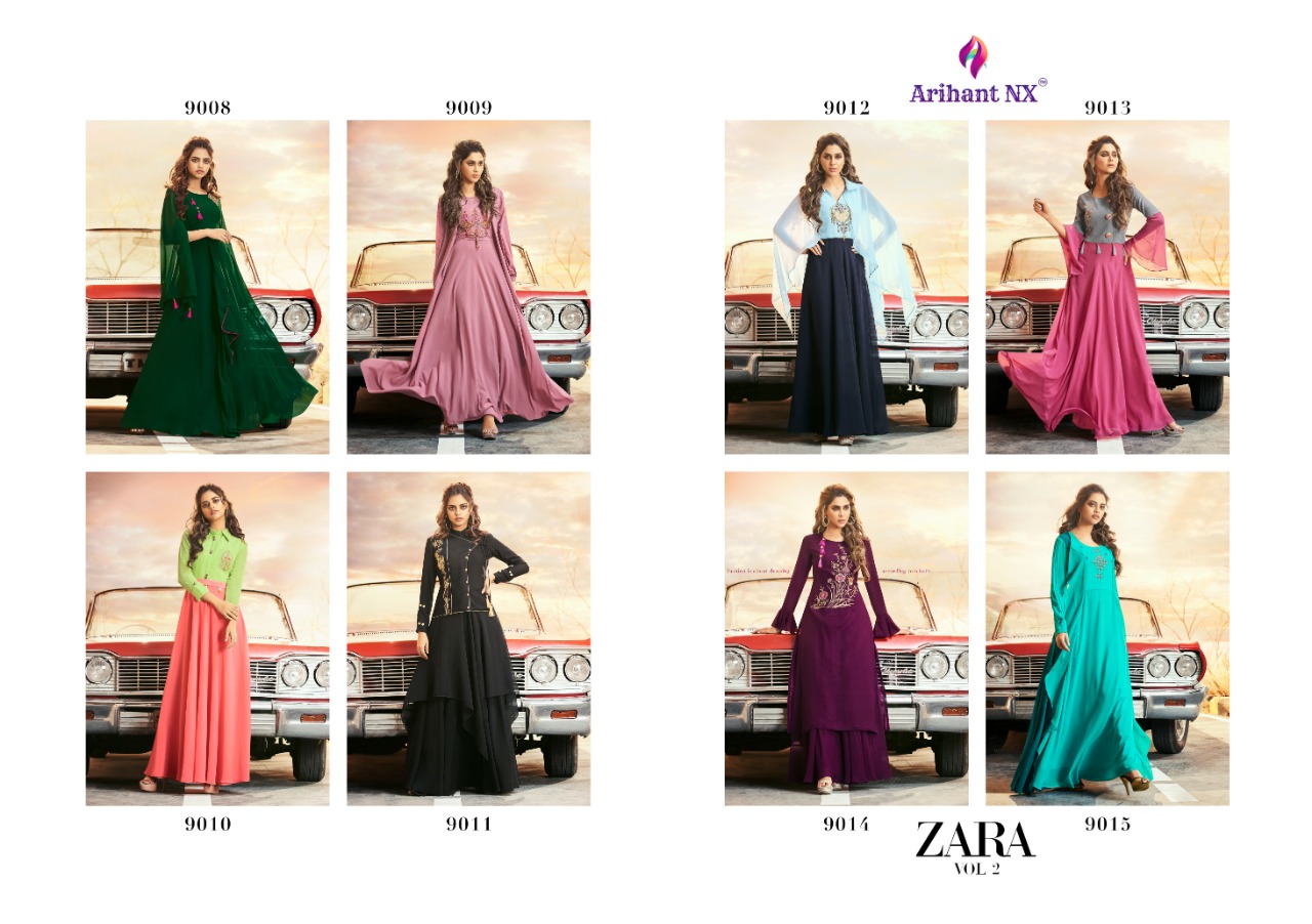Zara Vol-2 By Arihant Nx 9008 To 9015 Series Designer Beautiful Stylish Fancy Colorful Casual Wear & Ethnic Wear & Ready To Wear Semi Georgette With  Embroidery Inner Royal Crape  Gowns At Wholesale Price