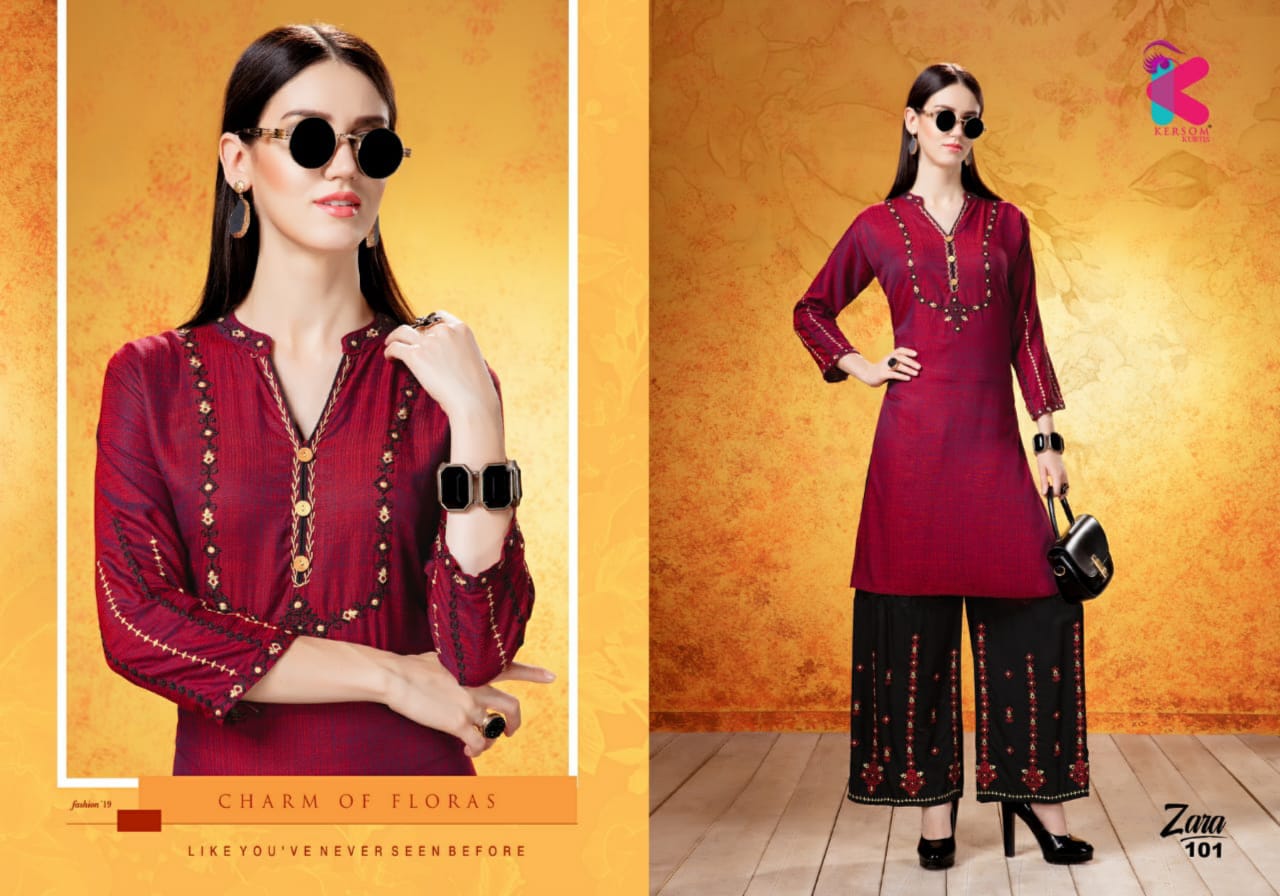 Zara By Kersom 101 To 108 Series Beautiful Stylish Fancy Colorful Casual Wear & Ethnic Wear & Ready To Wear Heavy Rayon Two Tone Quality Kurtis At Wholesale Price