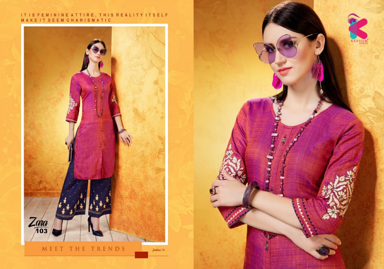 Zara By Kersom 101 To 108 Series Beautiful Stylish Fancy Colorful Casual Wear & Ethnic Wear & Ready To Wear Heavy Rayon Two Tone Quality Kurtis At Wholesale Price