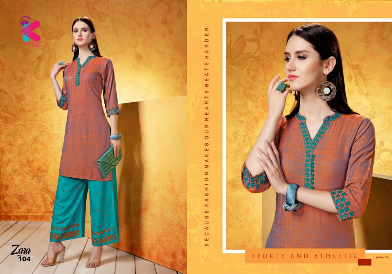 Zara By Kersom 101 To 108 Series Beautiful Stylish Fancy Colorful Casual Wear & Ethnic Wear & Ready To Wear Heavy Rayon Two Tone Quality Kurtis At Wholesale Price