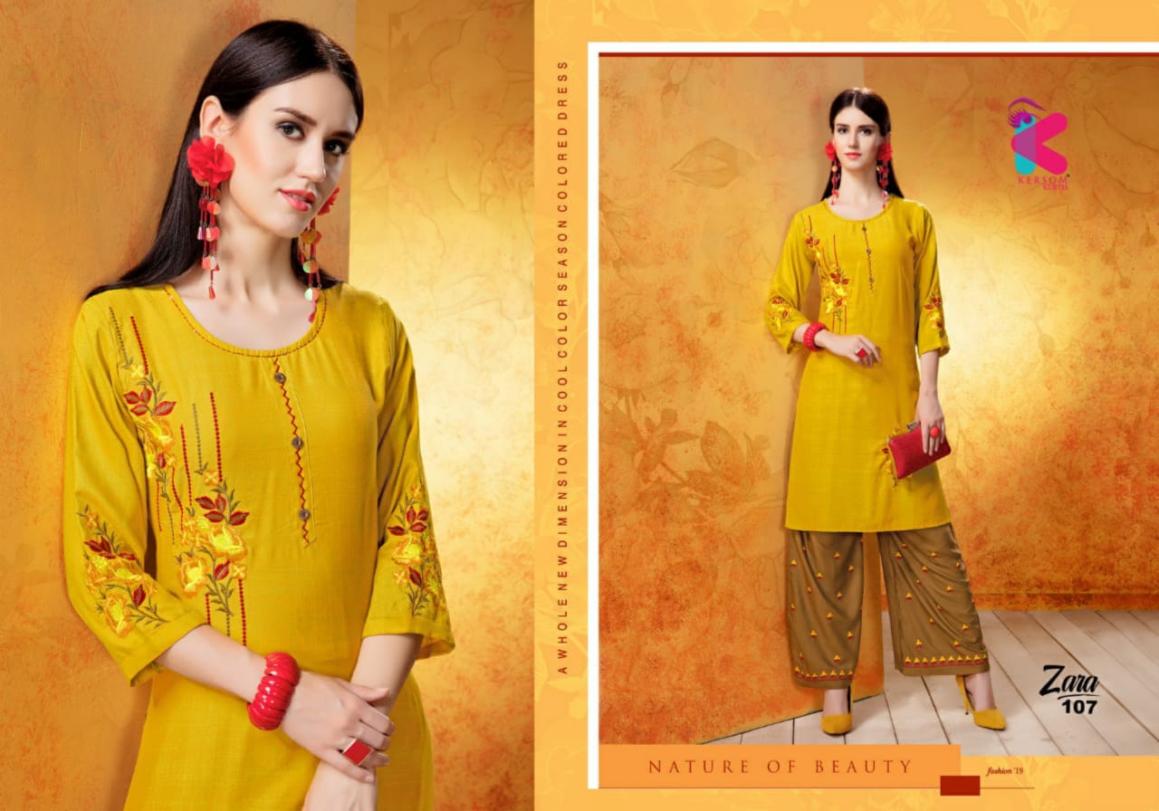 Zara By Kersom 101 To 108 Series Beautiful Stylish Fancy Colorful Casual Wear & Ethnic Wear & Ready To Wear Heavy Rayon Two Tone Quality Kurtis At Wholesale Price