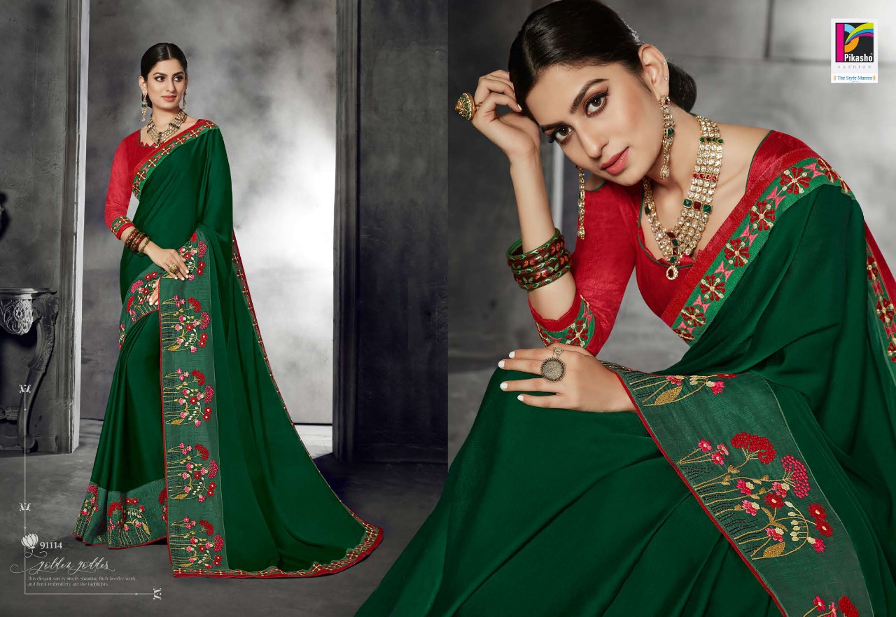 Zareen Vol-2 By Pikasho 91113 To 91124 Series Indian Traditional Wear Collection Beautiful Stylish Fancy Colorful Party Wear & Occasional Wear Satin Georgette Embroidered Sarees At Wholesale Price