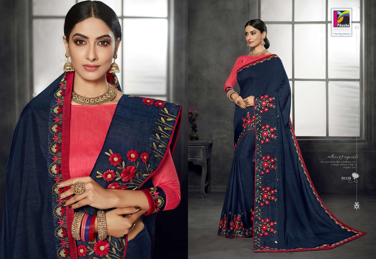 Zareen Vol-2 By Pikasho 91113 To 91124 Series Indian Traditional Wear Collection Beautiful Stylish Fancy Colorful Party Wear & Occasional Wear Satin Georgette Embroidered Sarees At Wholesale Price