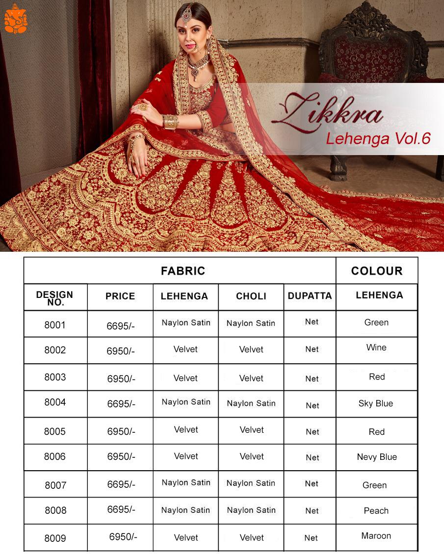 Zikkra Lehenga Vol-6 By Zikkra 8001 To 8009 Series Indian Bridal Wear Collection Beautiful Stylish Fancy Colorful Party Wear & Occasional Wear Satin & Velvet Lehengas At Wholesale Price